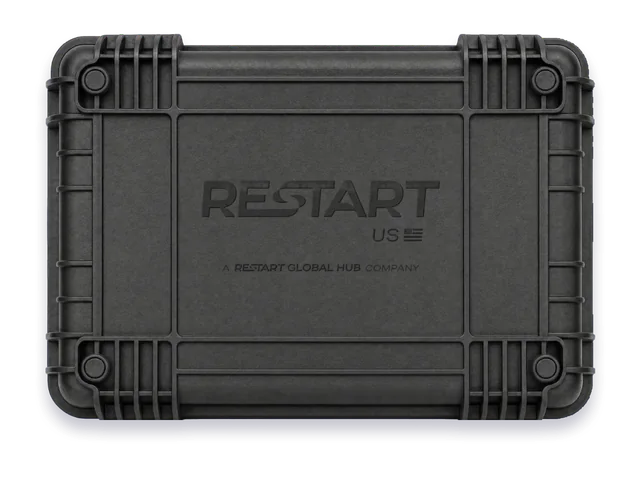 The back of the LINE READY case, with the Restart US mark debossed into it.