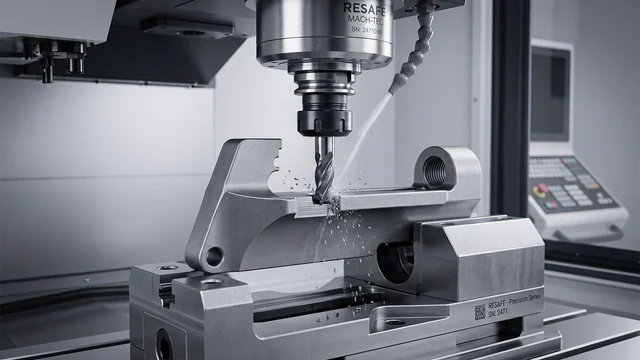 A RESAFE part being precision-machined on a CNC milling machine.